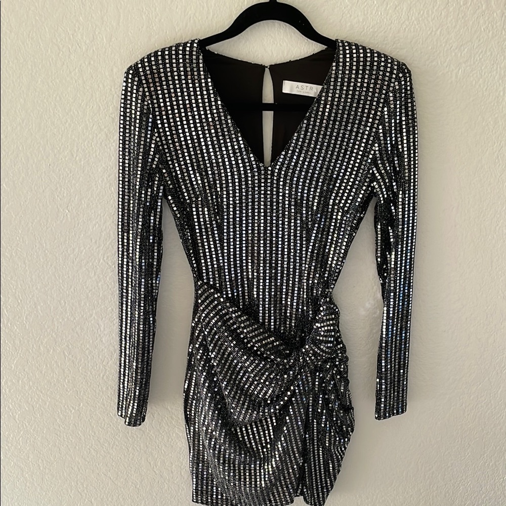 Astr Black and Silver Sequin Mini Dress with Ruched V-Neck